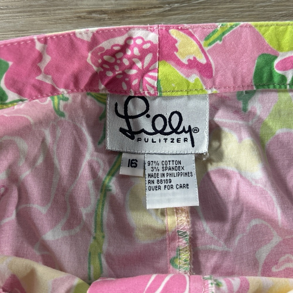 VTG Lilly Pulitzer Size 16 Pink Yellow Cotton Poplin Capri Shoo Fly Floral Pants - Picture 4 of 9